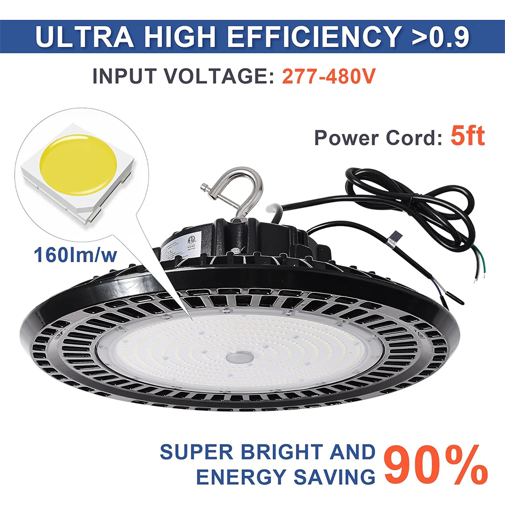 200W 480V LED UFO High Bay Light-CCT 5000K-AC 277V~480V-32.000 Lumens-5 Years warranty-ETL+DLC 5.1