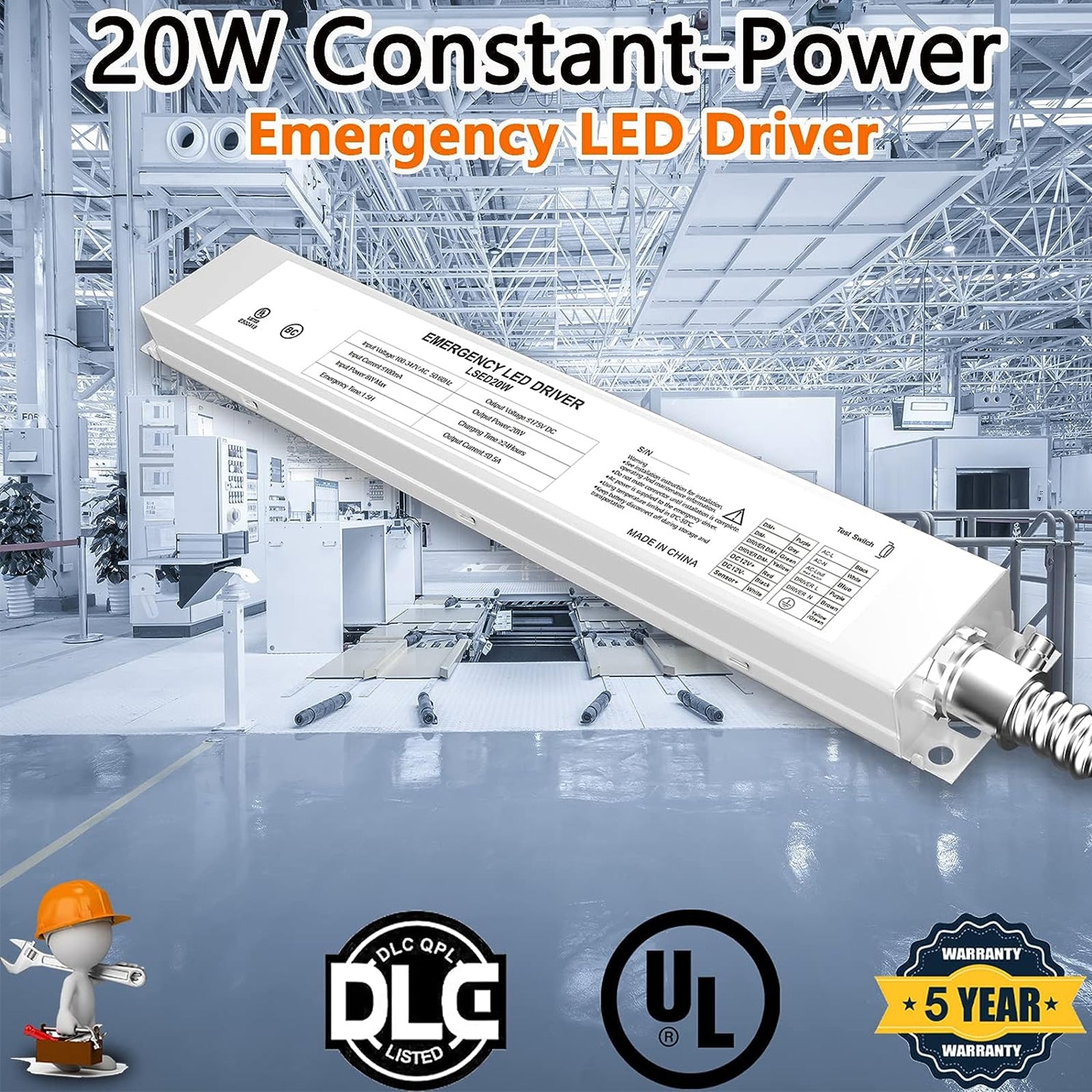 20W LED Emergency Backup Driver-120V-347V AC-Rechargeable UL Approved Backup Battery-Over 90mins Emergency Time-For LED troffer. Panel and Tubes