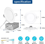 OSTEK 30 Pack 6 Inch 5CCT Ultra-Thin LED Recessed Ceiling Light with Junction Box,2700K/3000K/3500K/4000K/5000K Selectable, 12W Eqv 110W, Dimmable Can-Killer Downlight, 1200LM High Brightness - LEDLIGHTING WHOLESALE