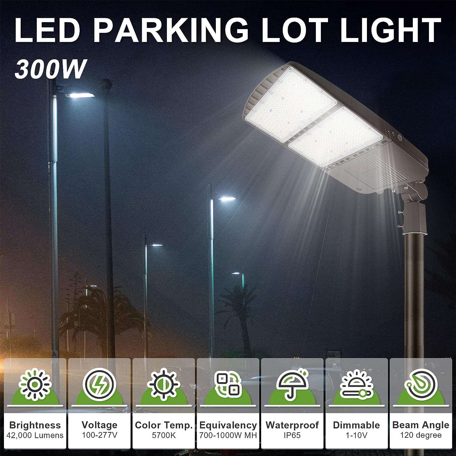 300W LED Parking Lot Pole Lights-42000LM-5700K-1000W MH Equiv-DLC & UL Listed