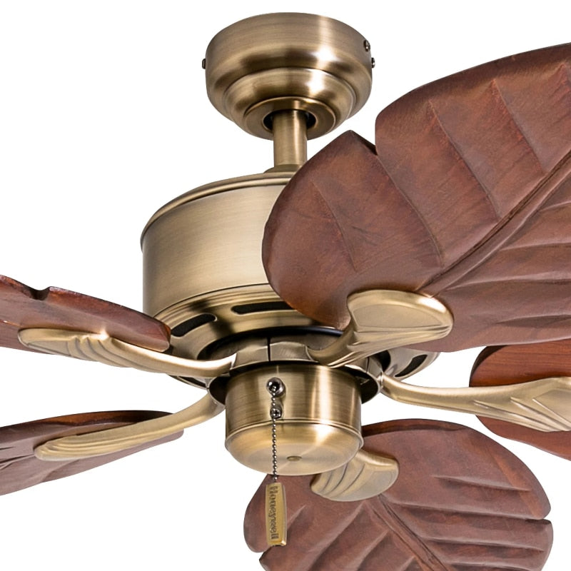 Prominence Home Willow View 52" Aged Brass Tropical Ceiling Fan with 5 Hand Carved Wood Blades, Pull Chain & Reverse Airflow - LEDLIGHTING WHOLESALE