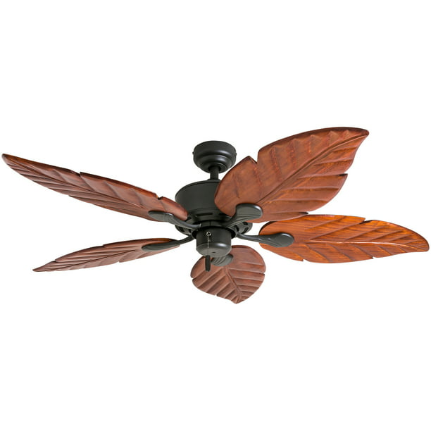 Prominence Home Willow View 52" Aged Brass Tropical Ceiling Fan with 5 Hand Carved Wood Blades, Pull Chain & Reverse Airflow - LEDLIGHTING WHOLESALE