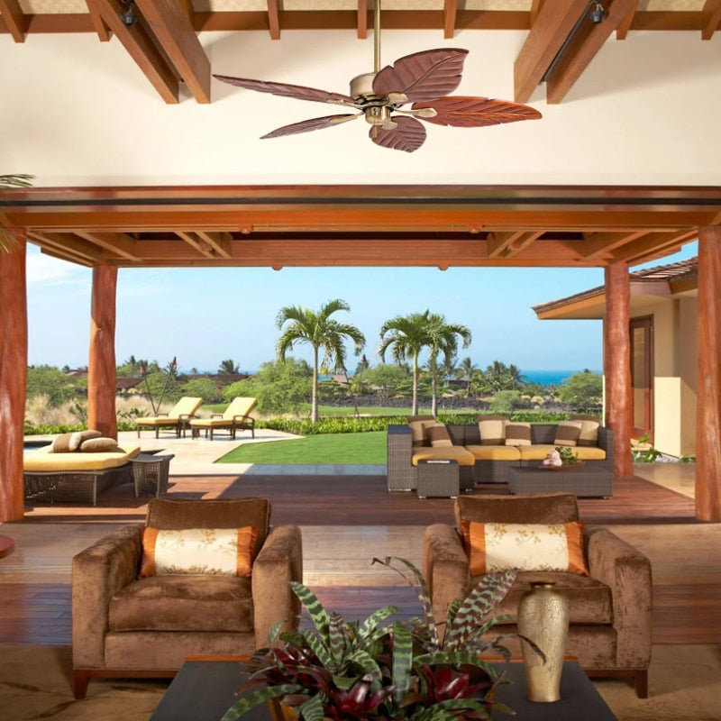 Prominence Home Willow View 52" Aged Brass Tropical Ceiling Fan with 5 Hand Carved Wood Blades, Pull Chain & Reverse Airflow - LEDLIGHTING WHOLESALE