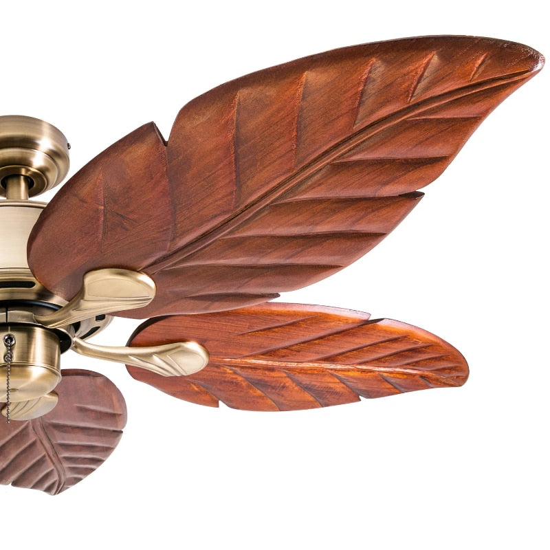 Prominence Home Willow View 52" Aged Brass Tropical Ceiling Fan with 5 Hand Carved Wood Blades, Pull Chain & Reverse Airflow - LEDLIGHTING WHOLESALE