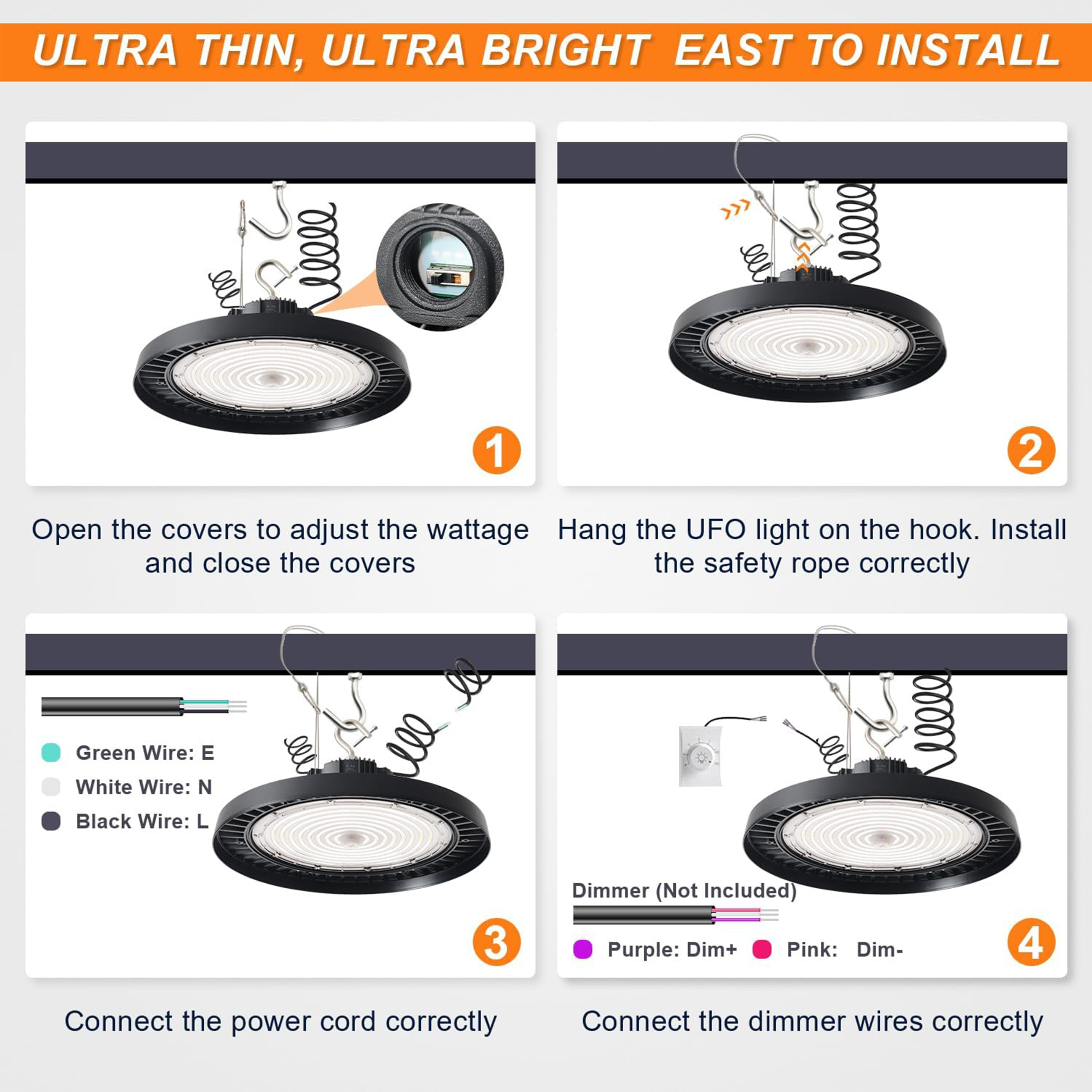 150W 120W 100W Adjustable-480V UFO LED High Bay Light-AC 277-480V-5000K Daylight-LED Shop Lights (500W MH/HPS Equiv.)- 0-10V Dimmable Commercial Bay Lighting for Warehouse Factory