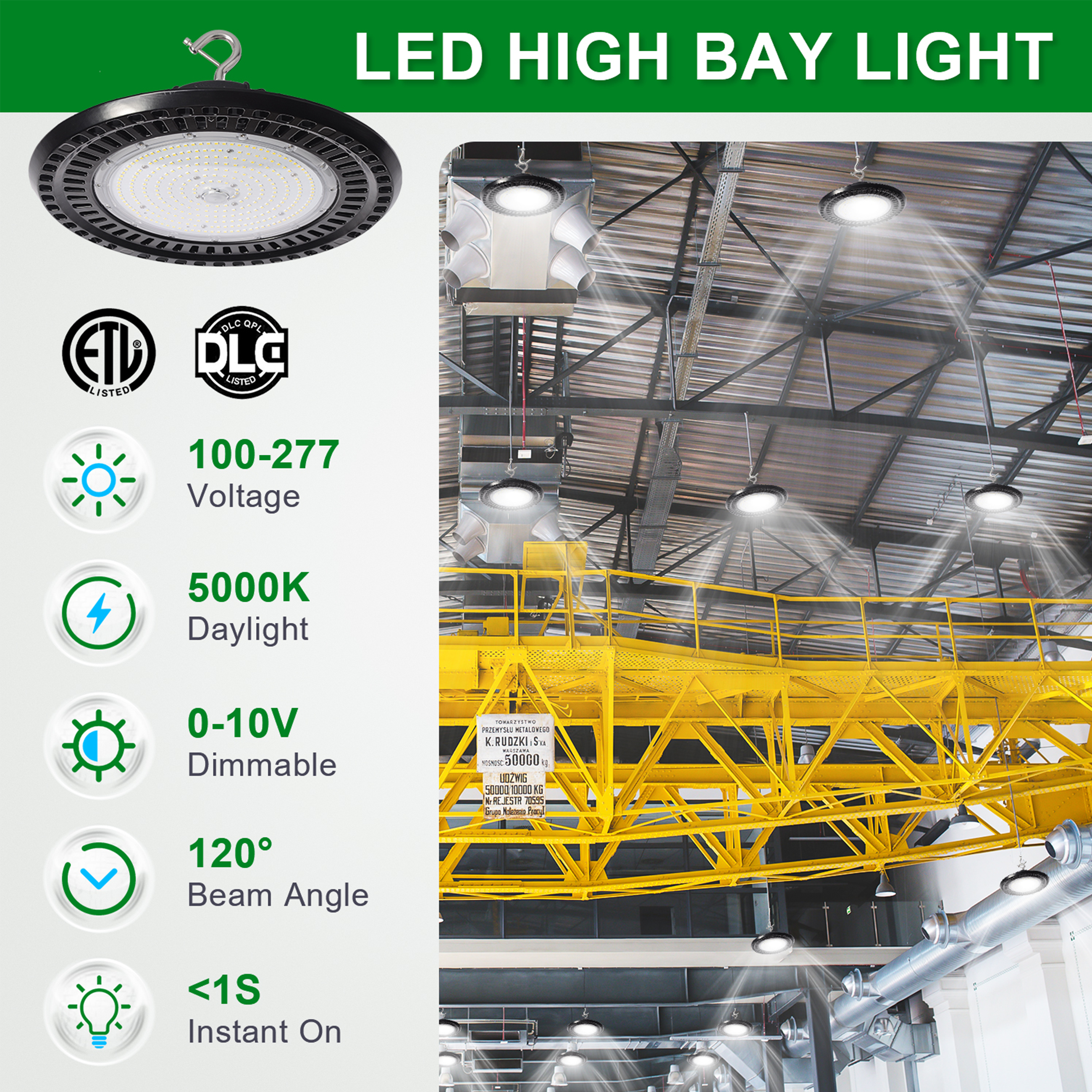 100W LED UFO High Bay Light-CCT 5000K-AC 100-277V-16.000 Lumens-5 Years warranty-ETL+DLC 5.1