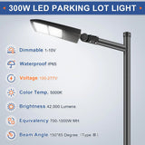 300W LED Parking Lot Light-Shoebox Area Light-AC 120~277V-42,000 Lumens-CCT 5000K-1,000W Metal Halide Equivalent-UL+DLC 5.1