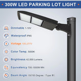 300W LED Parking Lot Light-Shoebox Area Light-AC 120~277V-42,000 Lumens-CCT 5000K-1,000W Metal Halide Equivalent-UL+DLC 5.1