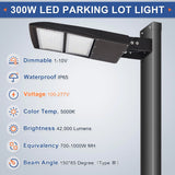 300W LED Parking Lot Light-Shoebox Area Light-AC 120~277V-42,000 Lumens-CCT 5000K-1,000W Metal Halide Equivalent-UL+DLC 5.1