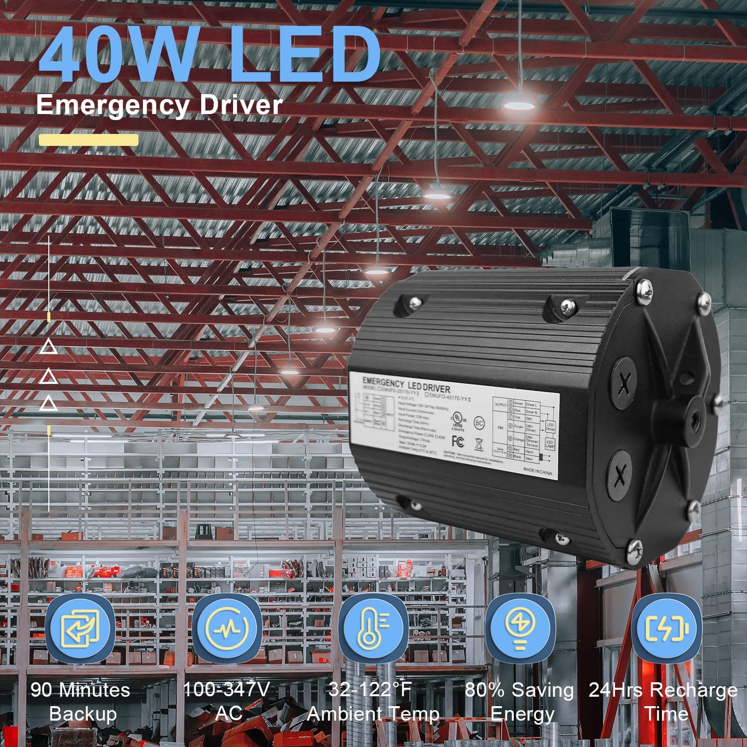 40W UFO High Bay Emergency Driver AC 100-347V Emergency Battery Backup Power Supply-DLC UL-Listed