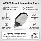 LED Corn Bulb E39 Base - 30/45/60W Selectable - Up to 8,400 Lumens 5000K Daylight - 200W MH/HPS Replacement - Commercial Retrofit Light for Parking Lot, Street & Wall Pack