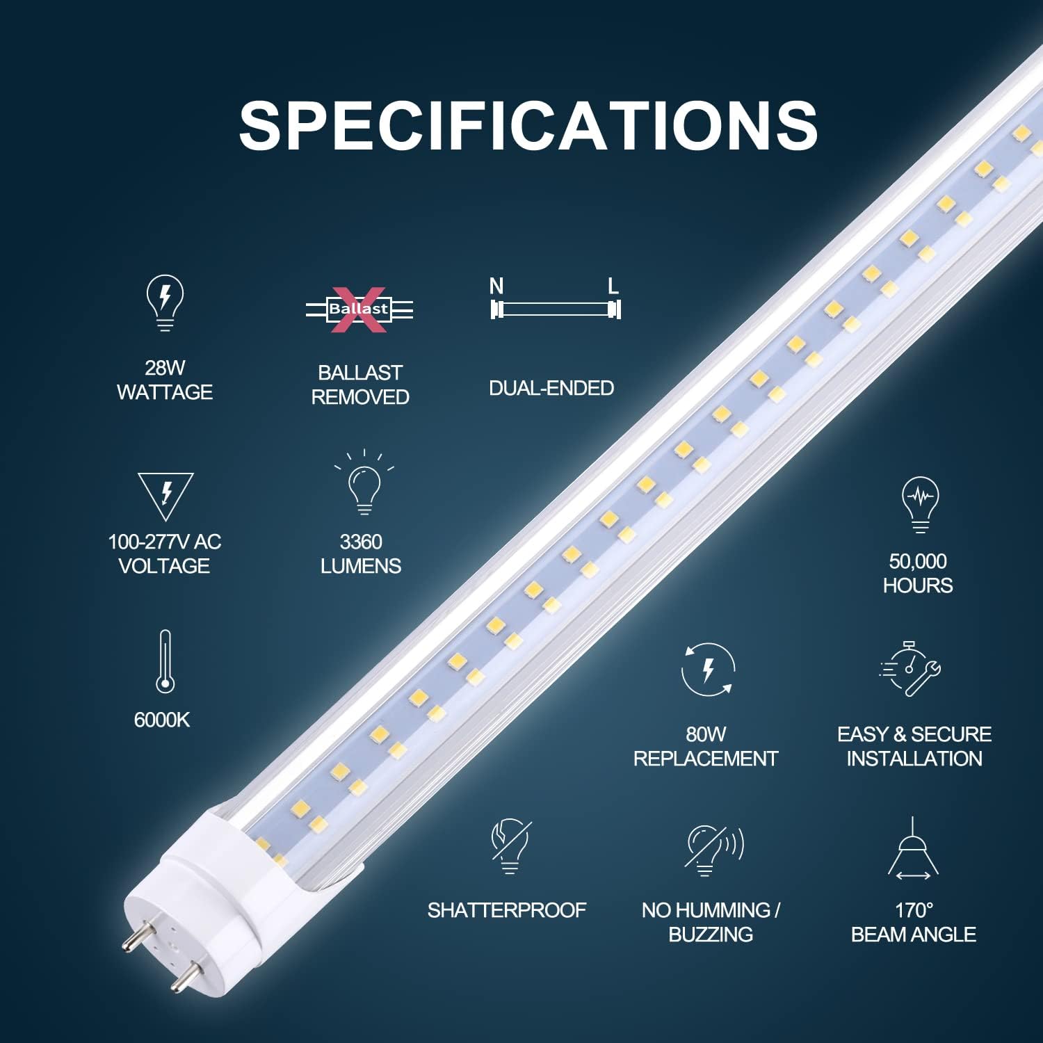 28w Led Tube Light Bulb 4ft, 3360 Lumens, Cold White 6000K, Ballast Bypass Required, Bypass T8 T10 T12 Ballast 80W F48T8 Fluorescent Replacement Dual-End Powered Clear Cover AC85-265V - LEDLIGHTING WHOLESALE