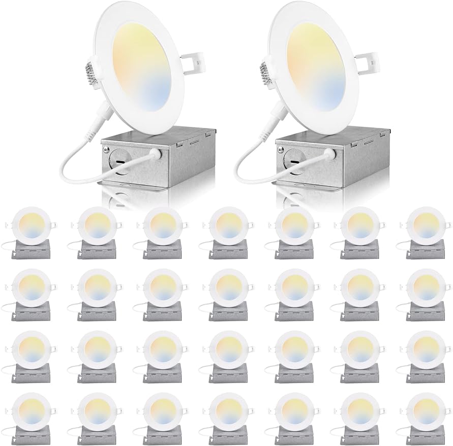 OSTEK 30 Pack 6 Inch 5CCT Ultra-Thin LED Recessed Ceiling Light with Junction Box,2700K/3000K/3500K/4000K/5000K Selectable, 12W Eqv 110W, Dimmable Can-Killer Downlight, 1200LM High Brightness - LEDLIGHTING WHOLESALE