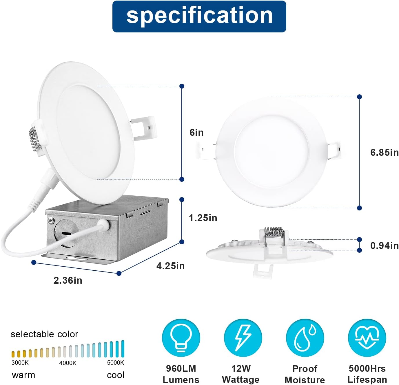 OSTEK 30 Pack 6 Inch 5CCT Ultra-Thin LED Recessed Ceiling Light with Junction Box,2700K/3000K/3500K/4000K/5000K Selectable, 12W Eqv 110W, Dimmable Can-Killer Downlight, 1200LM High Brightness - LEDLIGHTING WHOLESALE