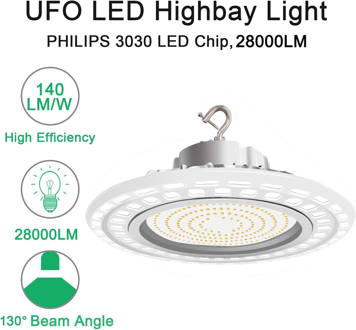 200W UFO LED High Bay Light, 5000K, 1-10V Dimmable, AC100-277V, With Hook 5' Cable,(UL+ DLC) - LEDLIGHTING WHOLESALE