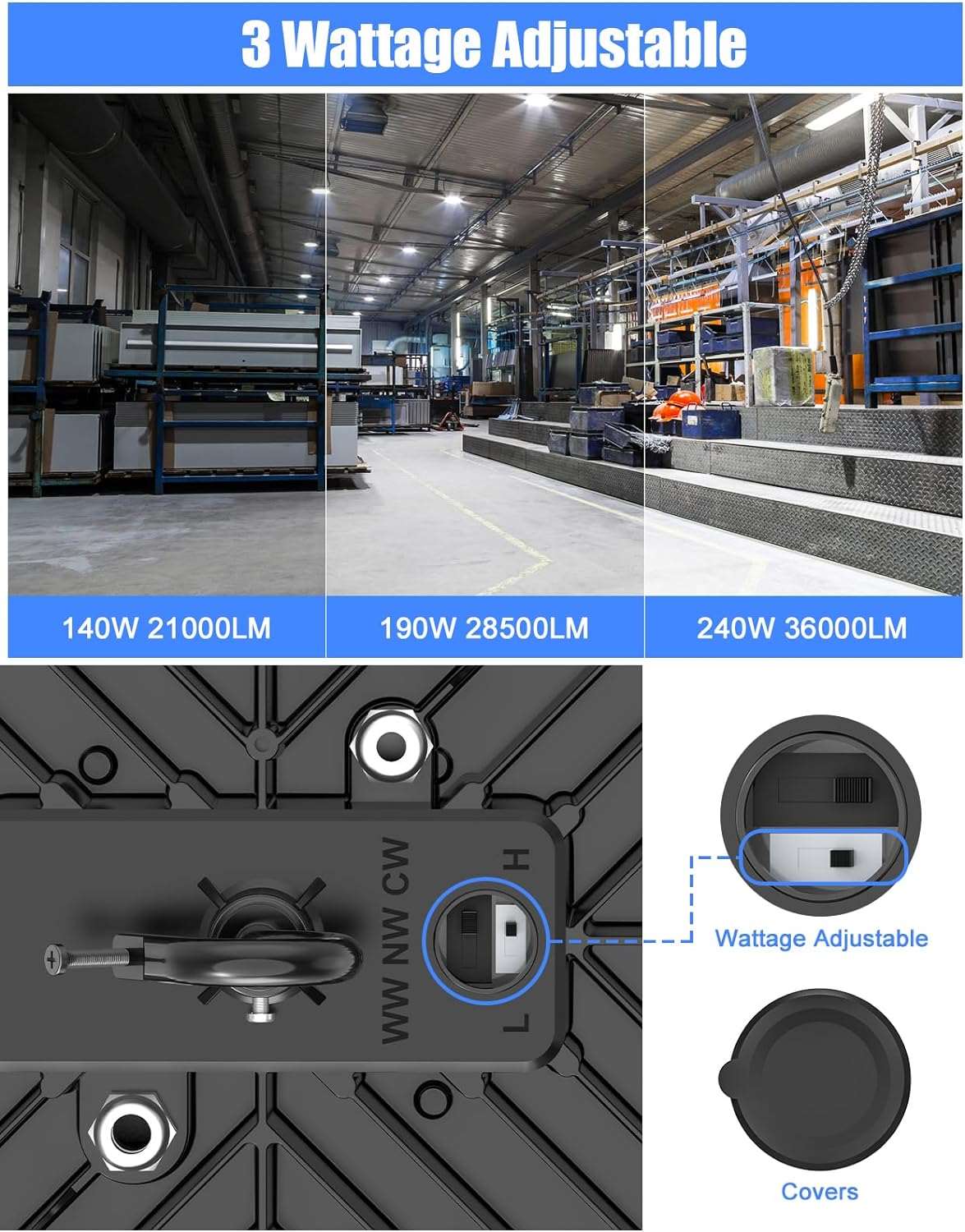 LED High Bay Light 240W, 36000 LM, 3CCT Tunable,5' Cable With Plug,100-277V, UL&DLC Listed