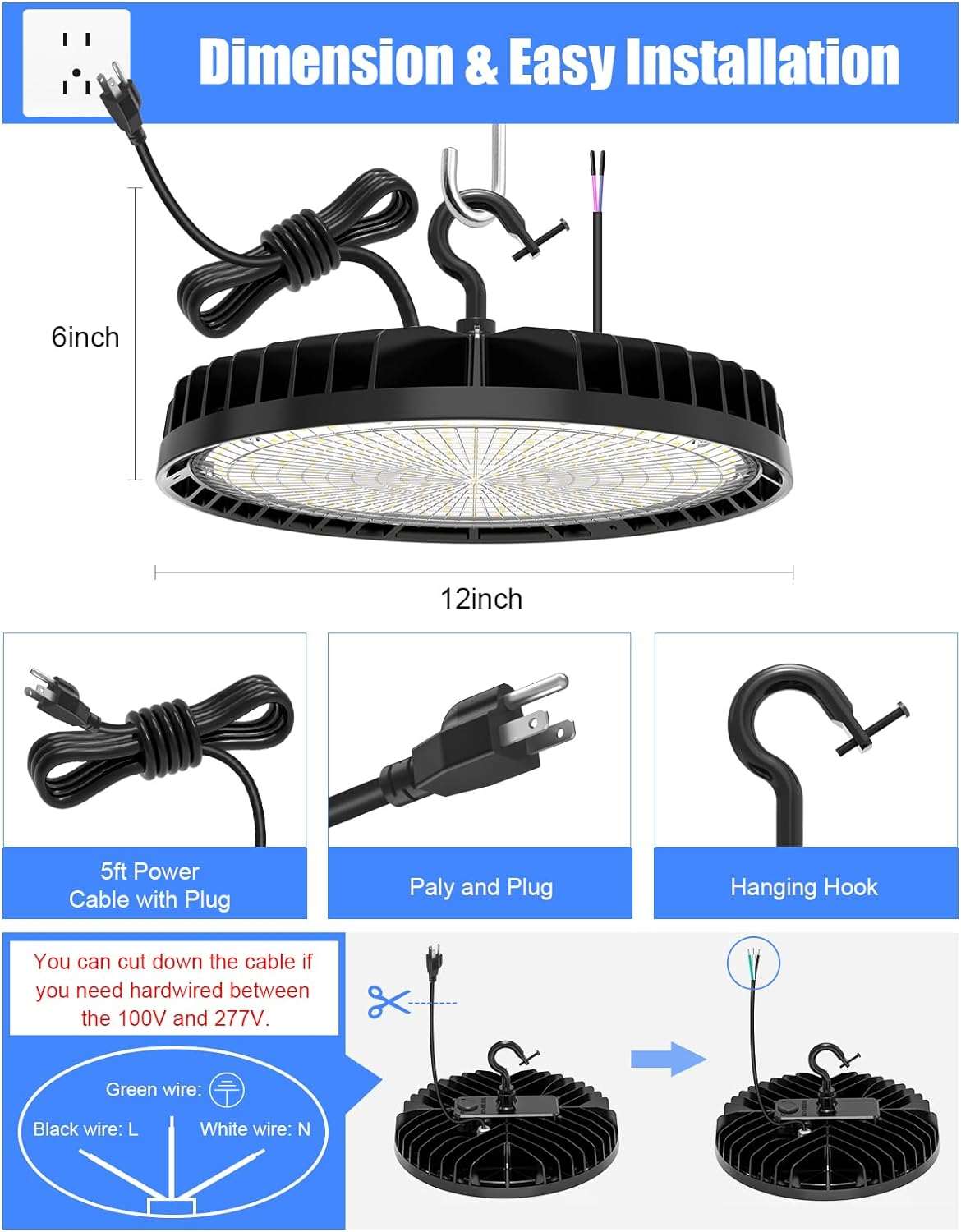 LED High Bay Light 150W, 22500 LM, 3CCT Tunable, 5' Cable With Plug,100-277V, UL&DLC Listed