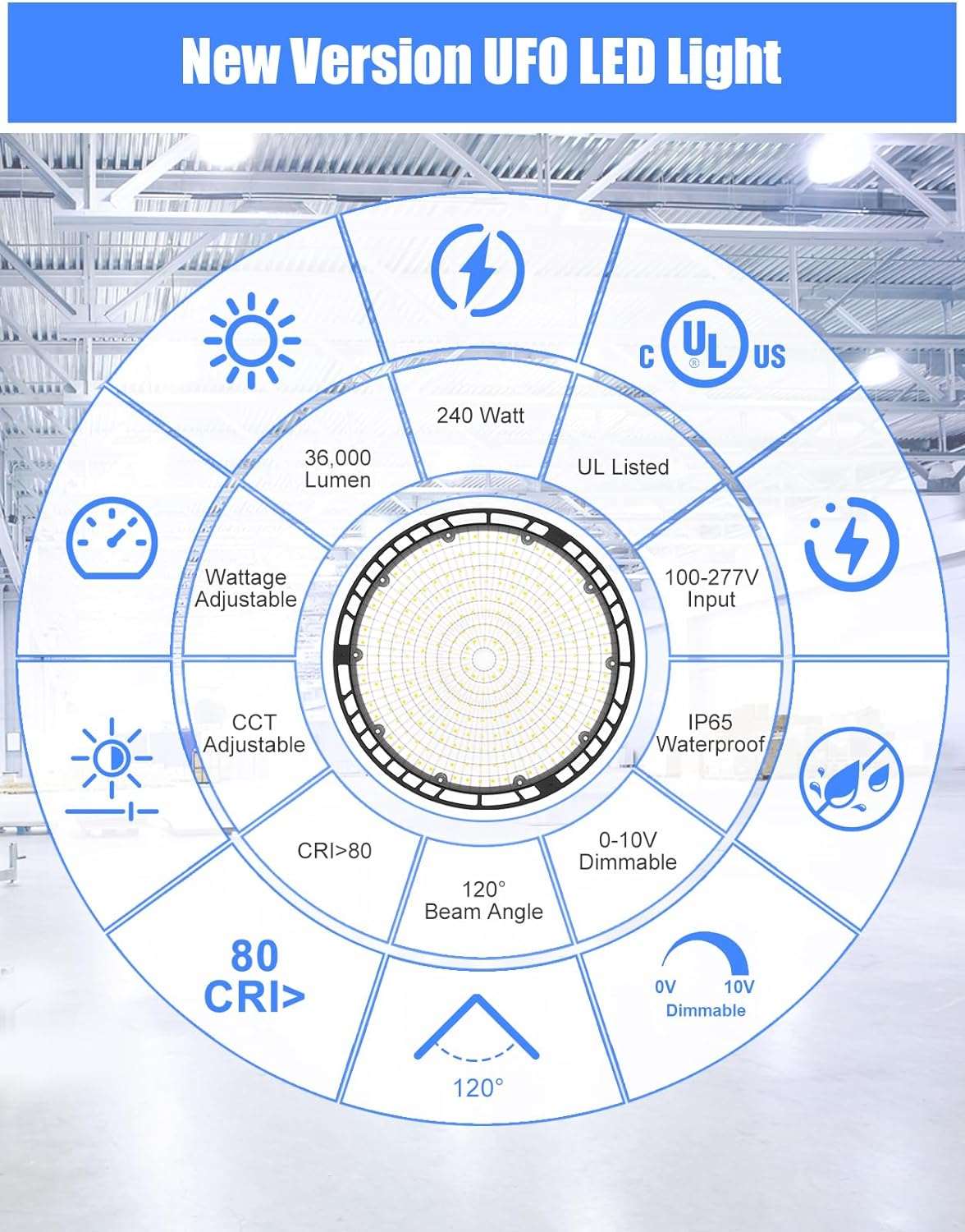 LED High Bay Light 240W, 36000 LM, 3CCT Tunable,5' Cable With Plug,100-277V, UL&DLC Listed