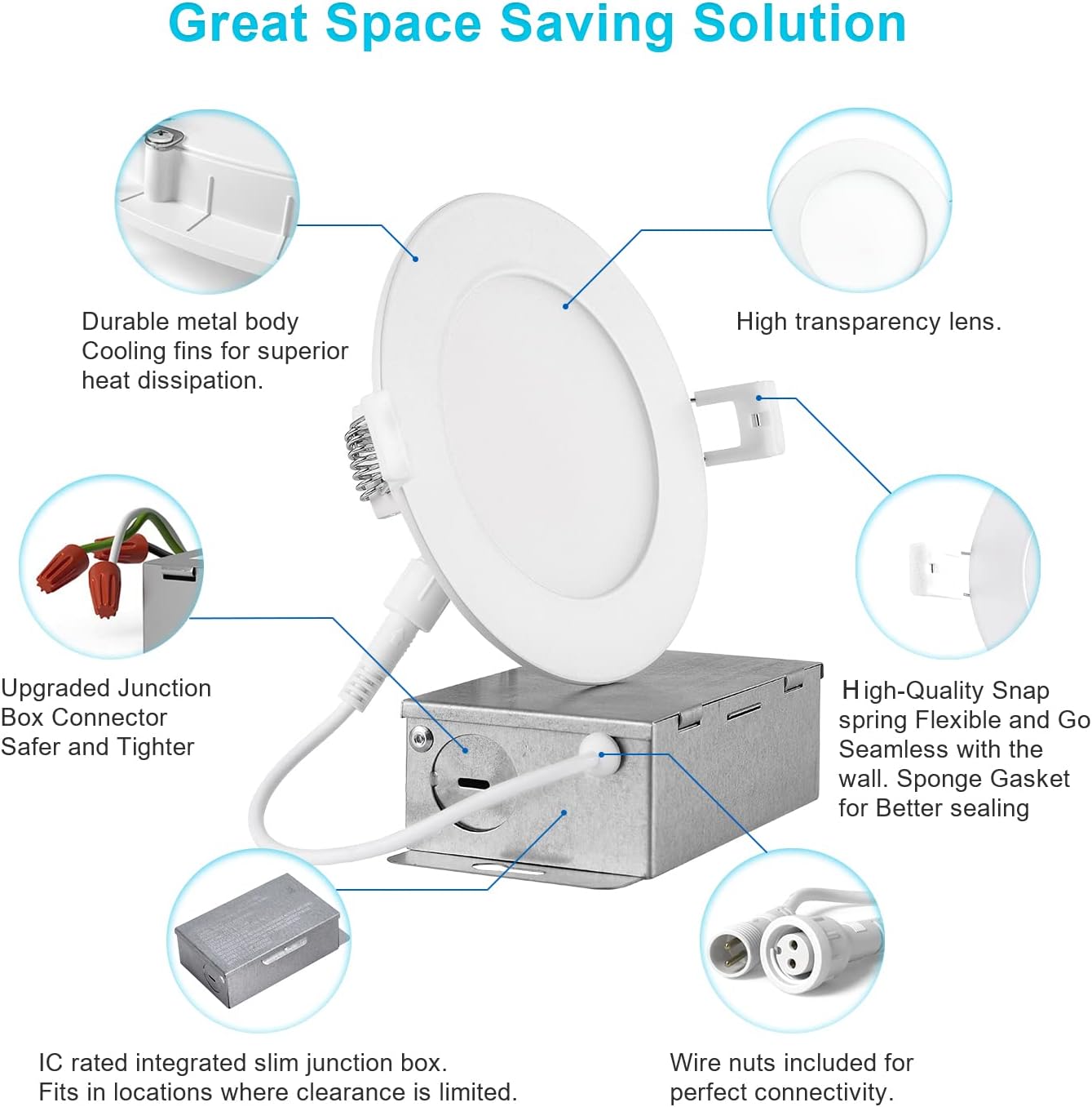 OSTEK 30 Pack 6 Inch 5CCT Ultra-Thin LED Recessed Ceiling Light with Junction Box,2700K/3000K/3500K/4000K/5000K Selectable, 12W Eqv 110W, Dimmable Can-Killer Downlight, 1200LM High Brightness - LEDLIGHTING WHOLESALE