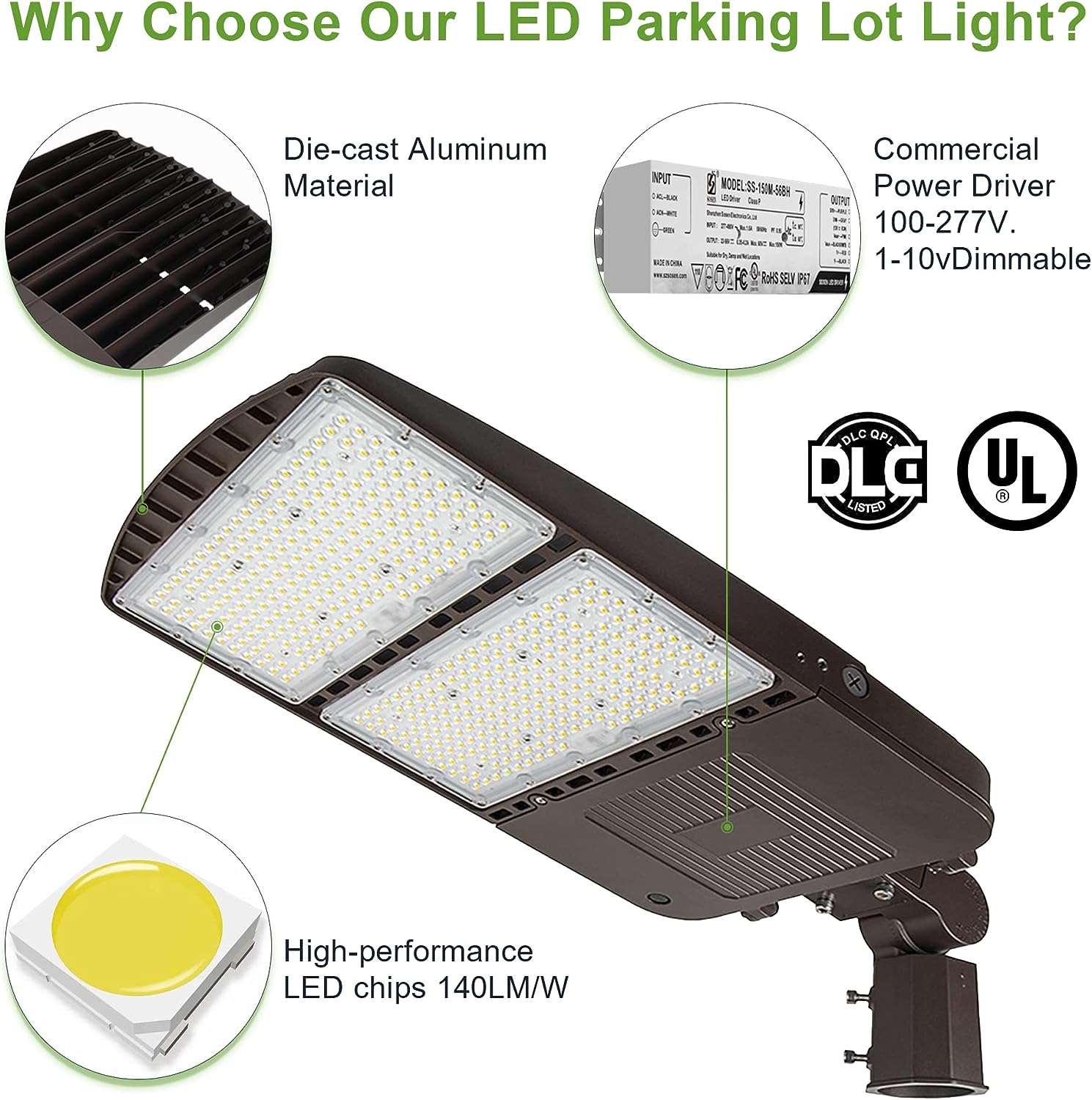 300W LED Parking Lot Pole Lights-42000LM-5700K-1000W MH Equiv-DLC & UL Listed