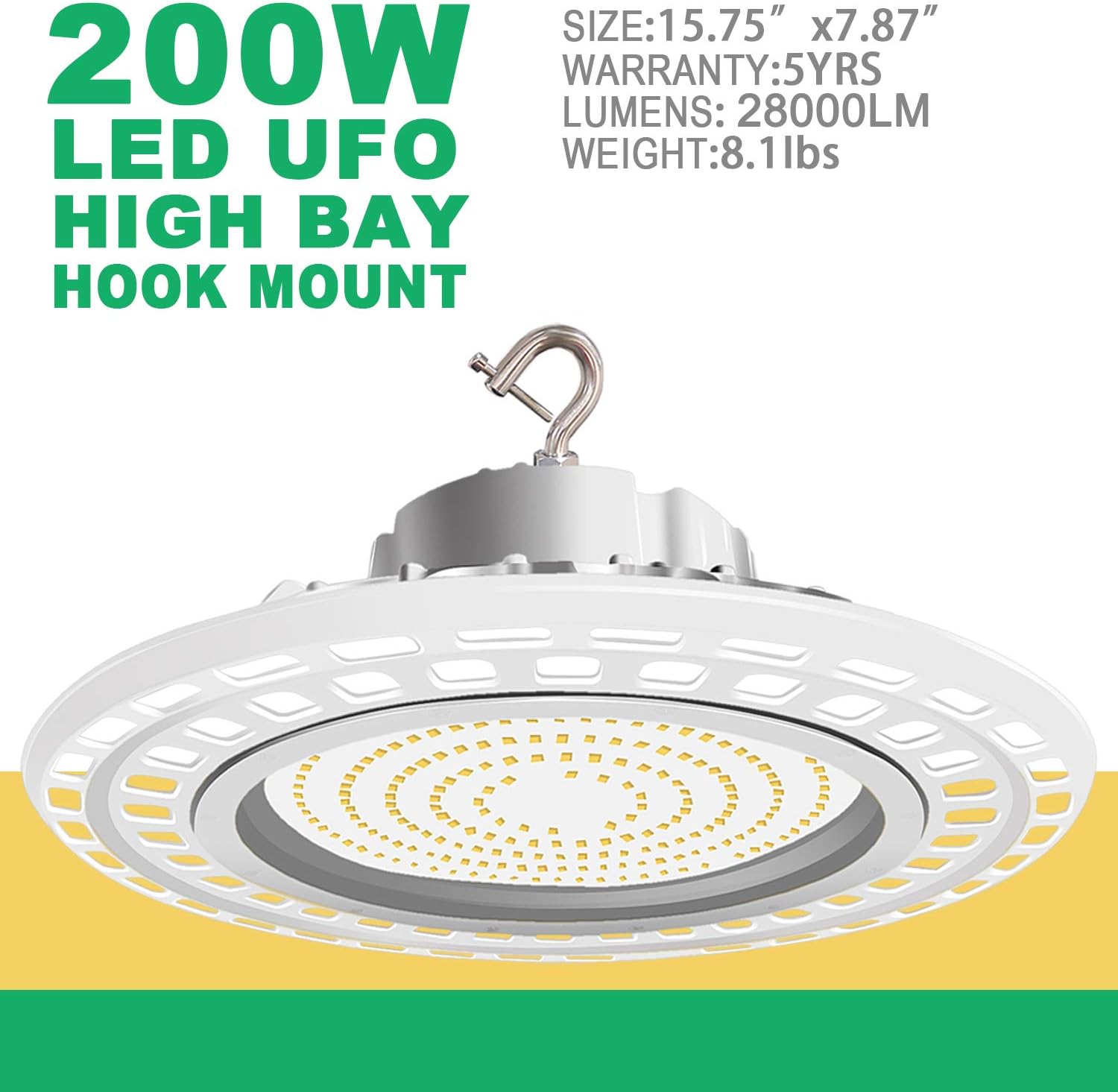 200W UFO LED High Bay Light, 5000K, 1-10V Dimmable, AC100-277V, With Hook 5' Cable,(UL+ DLC) - LEDLIGHTING WHOLESALE