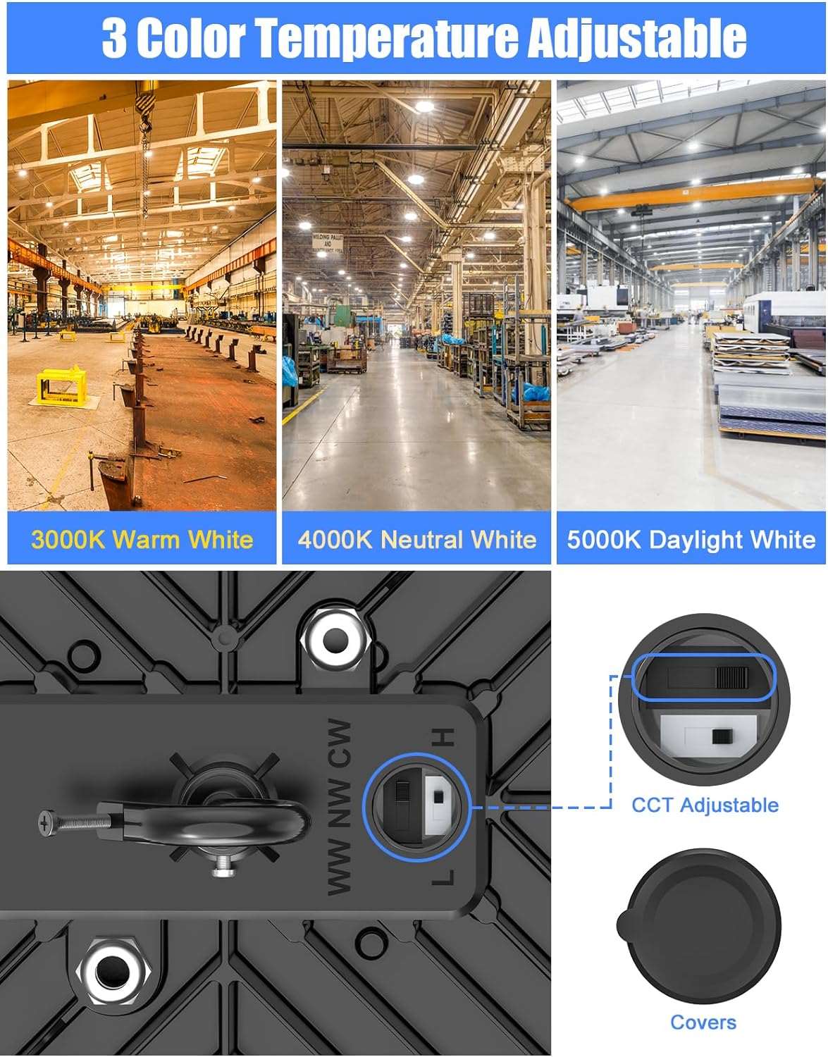 LED High Bay Light 150W, 22500 LM, 3CCT Tunable, 5' Cable With Plug,100-277V, UL&DLC Listed