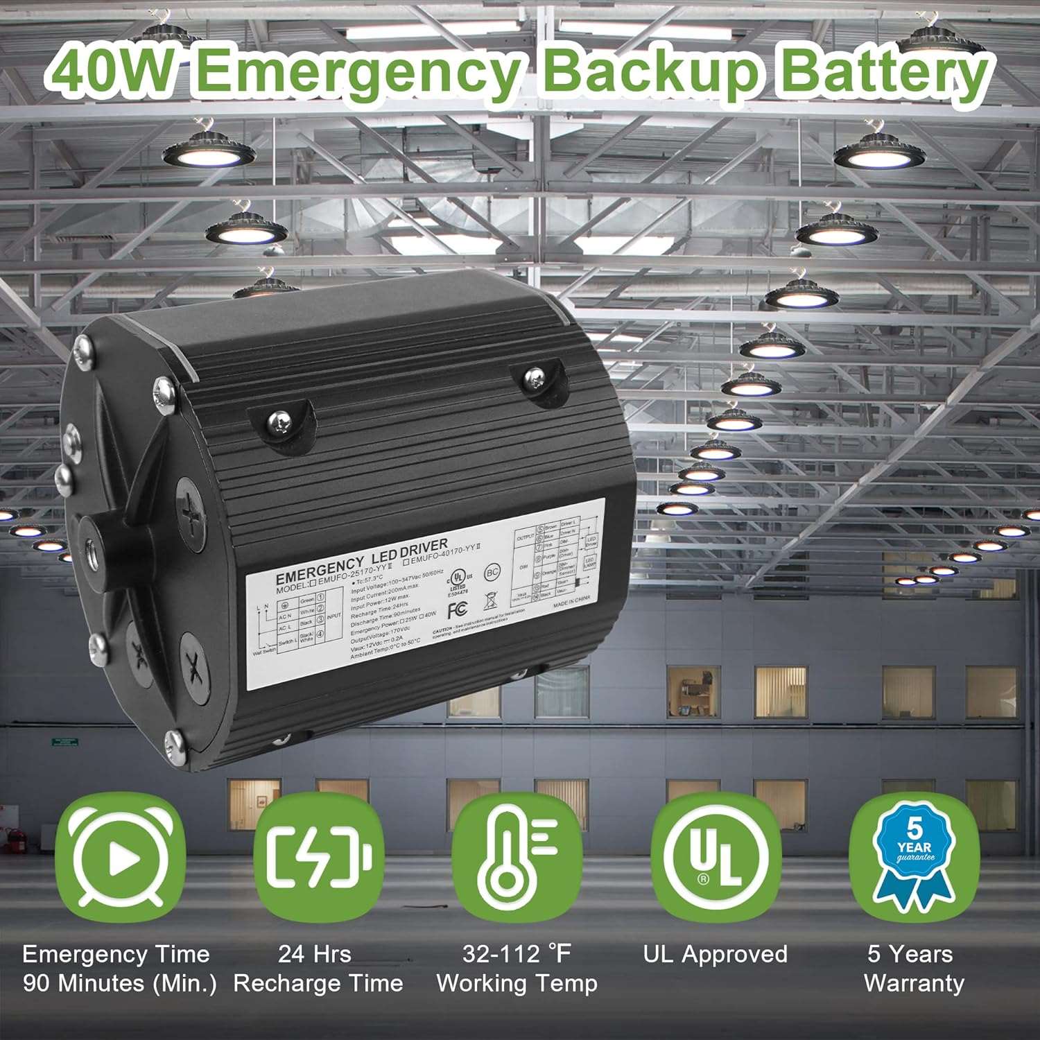 40W Emergency Backup Battery, EM 90 Minutes Emergency Backup Driver, Output 170V DC, Input 100-347V AC