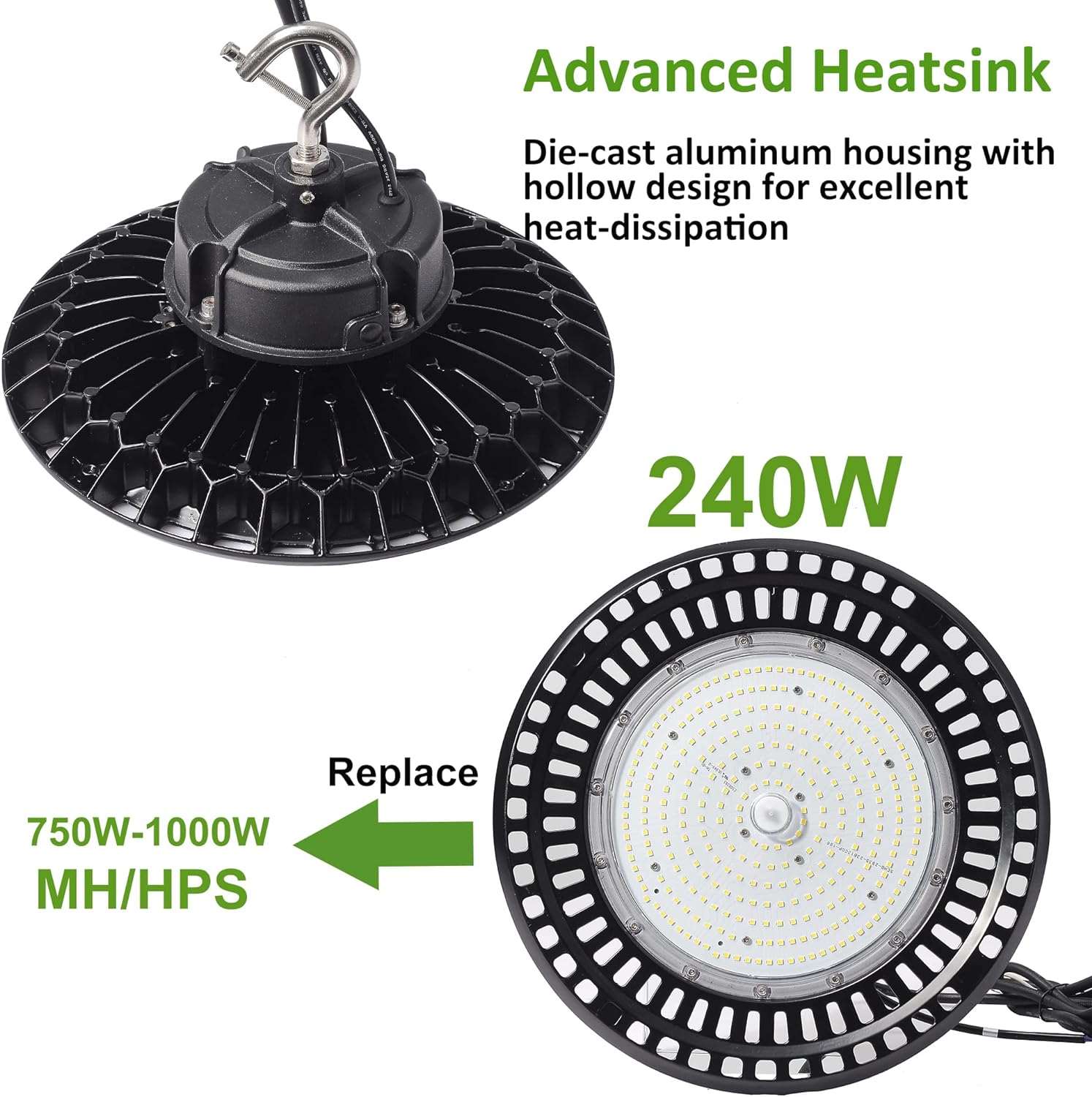 480V LED UFO Hig Bay Light 240W, 36000LM, 5000K, Open Hook, DLC Premium ETL Approved