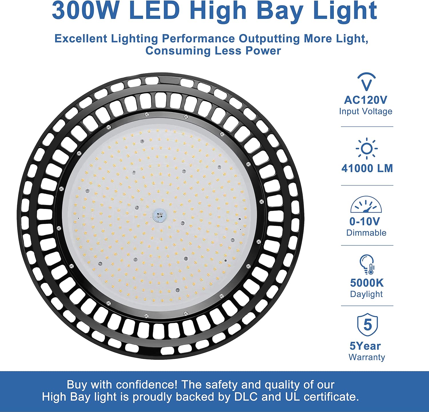 41000LM 300 Watt LED High Bay Light-1000 Watt Equivalent Led Bulb-5000K Daylight UL&DLC Listed