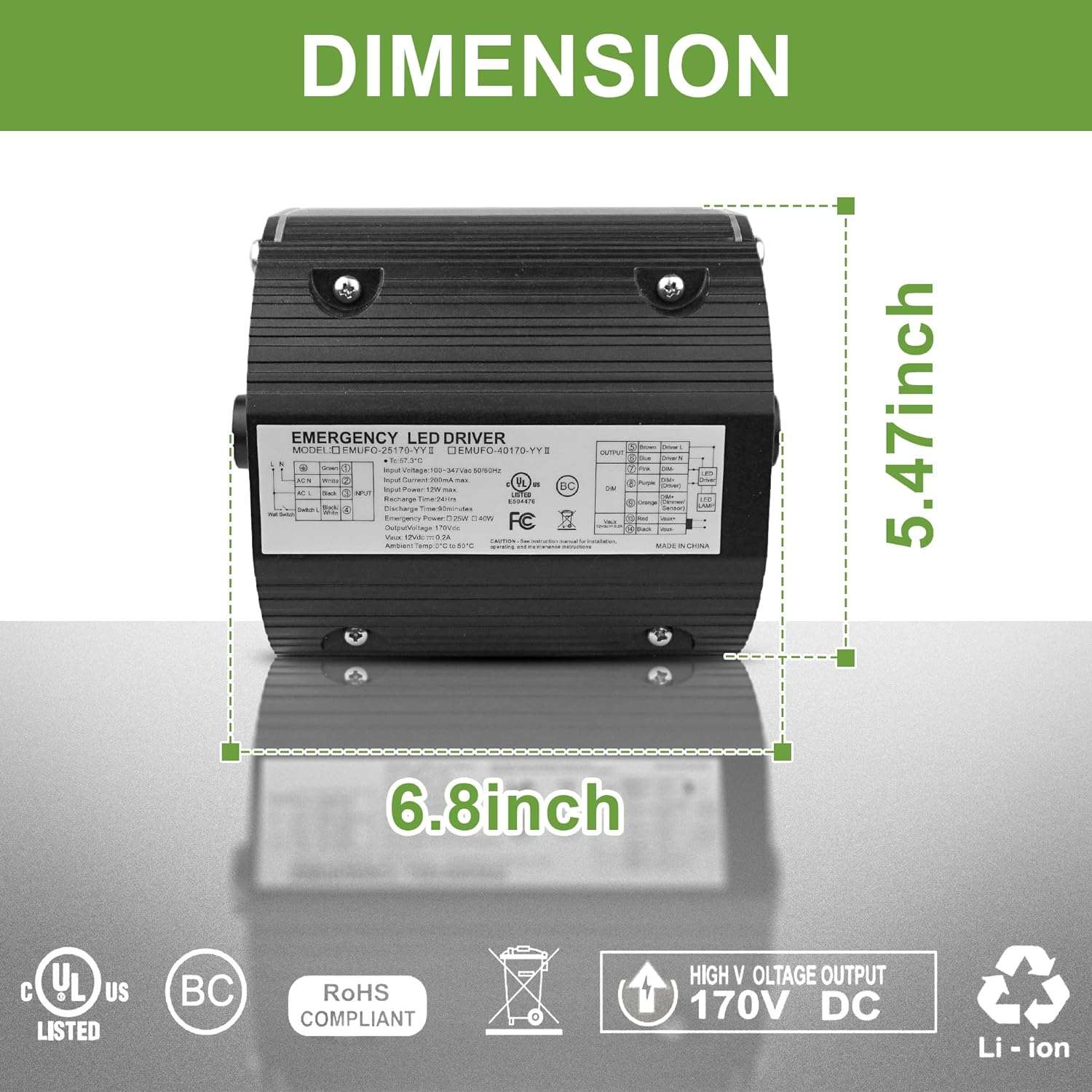 40W Emergency Backup Battery, EM 90 Minutes Emergency Backup Driver, Output 170V DC, Input 100-347V AC