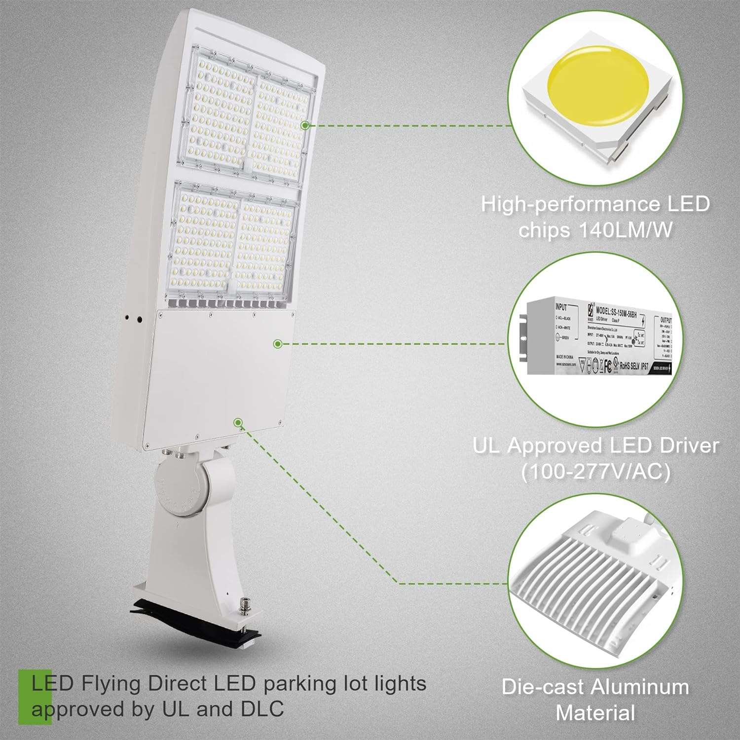 300W White LED Parking Lot Lights, LED Shoebox Pole Light, 40500Lm, 100-277Volt