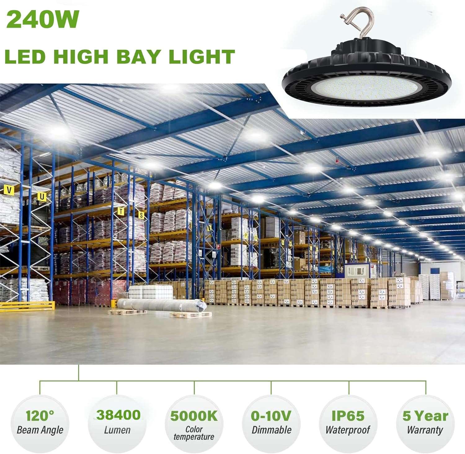 480V LED UFO Hig Bay Light 240W, 36000LM, 5000K, Open Hook, DLC Premium ETL Approved