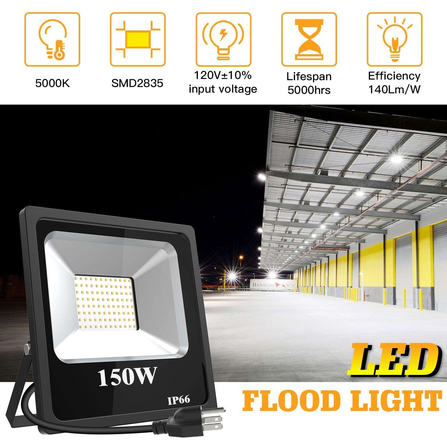 LED Flood Light 150W 21000LM 5000K Daylight IP66 Waterproof Outdoor Security Lights Floodlights for Court,Garden,Warehouse, Yard