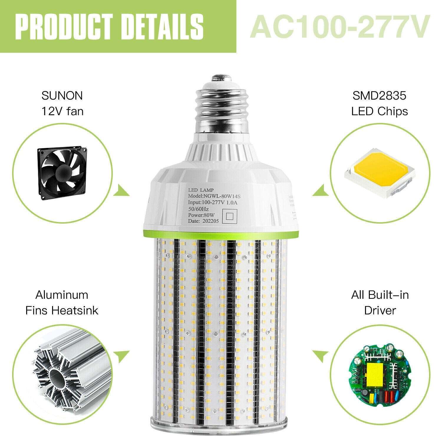 80W LED Corn Cob Light, 5000K Daylight 12000 Lumen, E39 Mogul Base Bulb