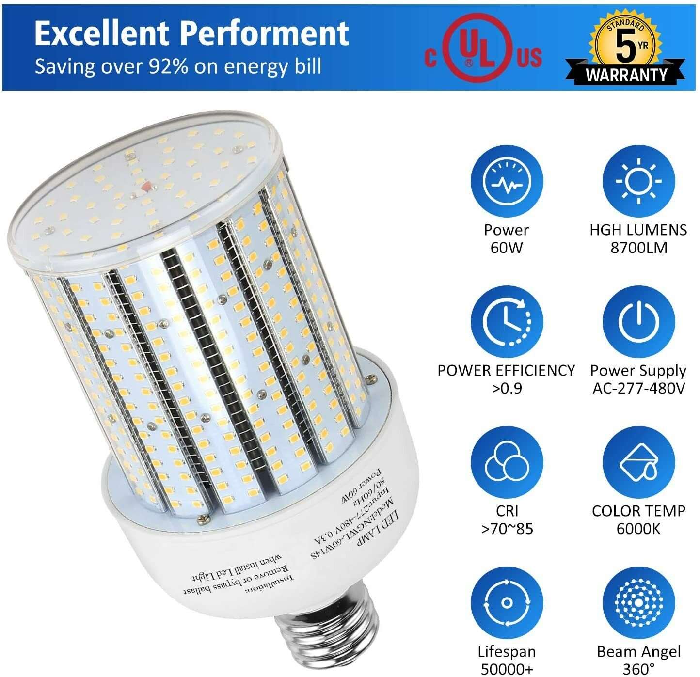 480V LED Corn Cob Light Bulb 60W, E39 Mogul Base Led Bulbs,8100LM 5000K Daylight Lamp, 250W CFL HPS Metal Halide Bulb Equivalent