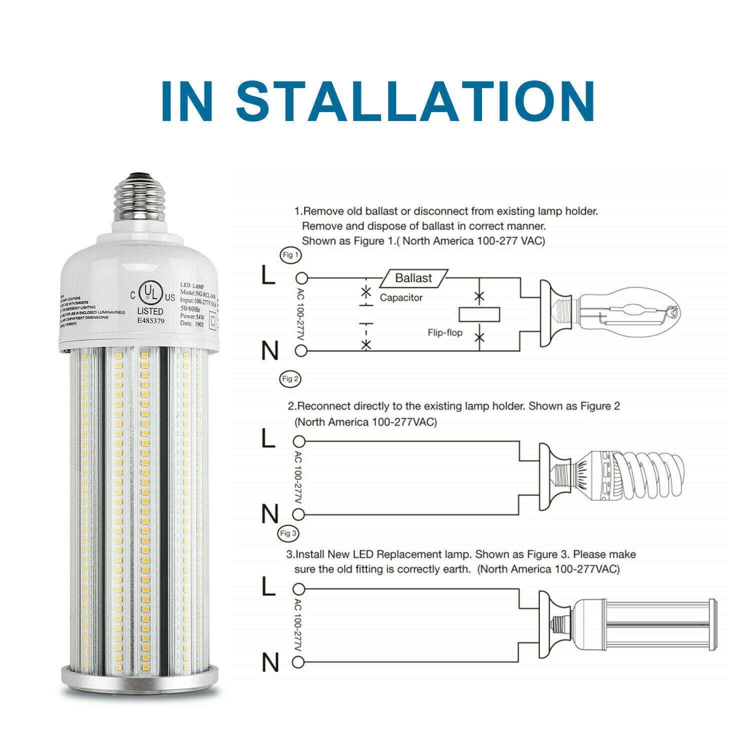 54W LED Corn Light Bulb, E26 Medium Base 7600LM 5000K