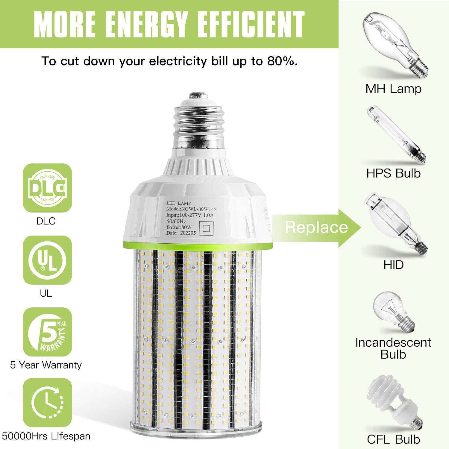 80W LED Corn Cob Light, 5000K Daylight 12000 Lumen, E39 Mogul Base Bulb