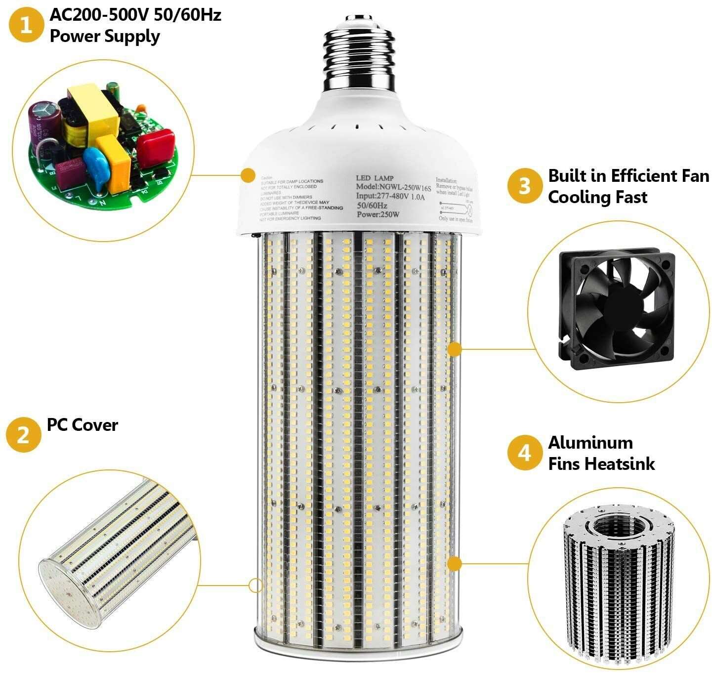 480Volt E39 LED Corn Light Bulb, Super Bright 33500LM 5000K Daylight High Bay Light for Warehouse Workshop Backyard Lot Retrofit