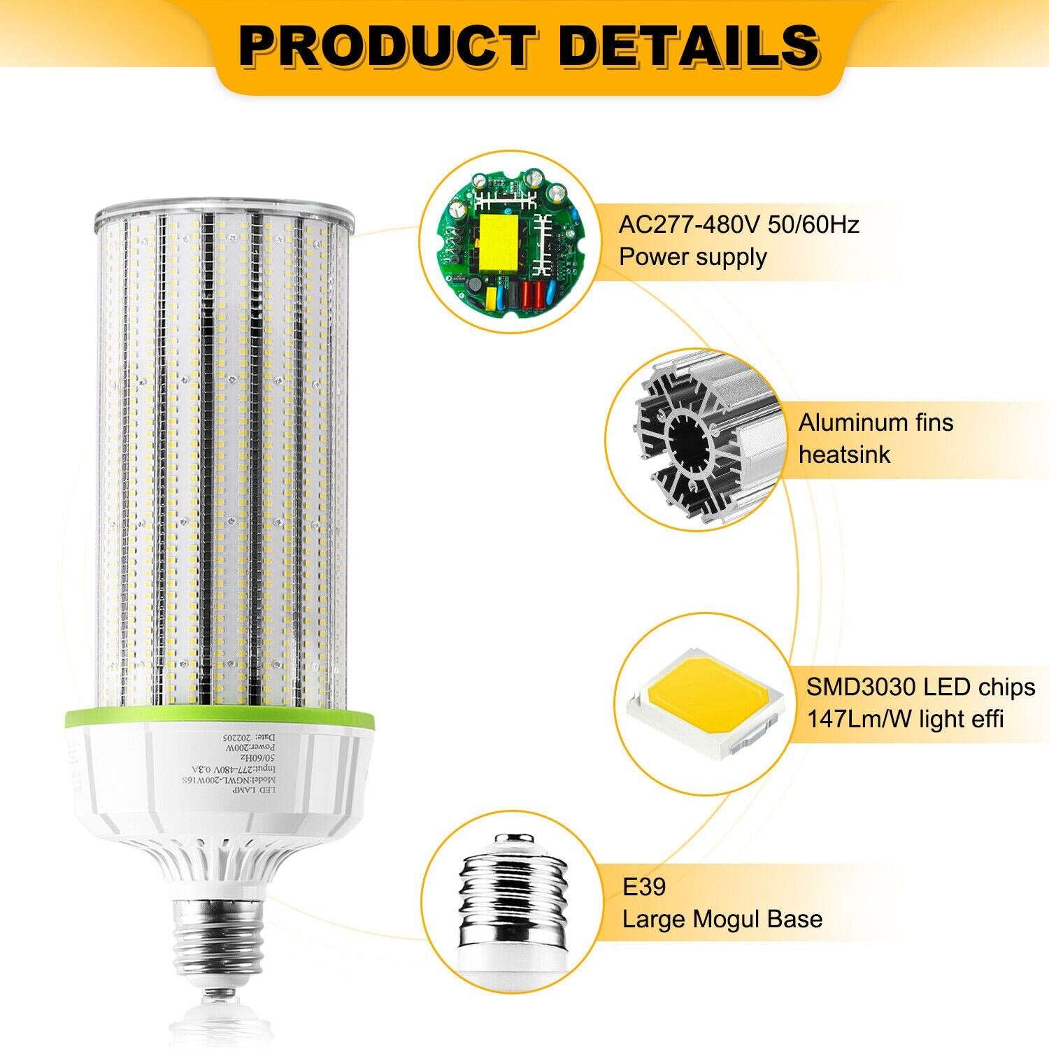 480v LED Corn Bulb, 200W Cob Light , E39 Mogul Base Led Lamp 27000LM, 800W CFL HID HPS MH Equivalent,Warehouse Workshop Lighting