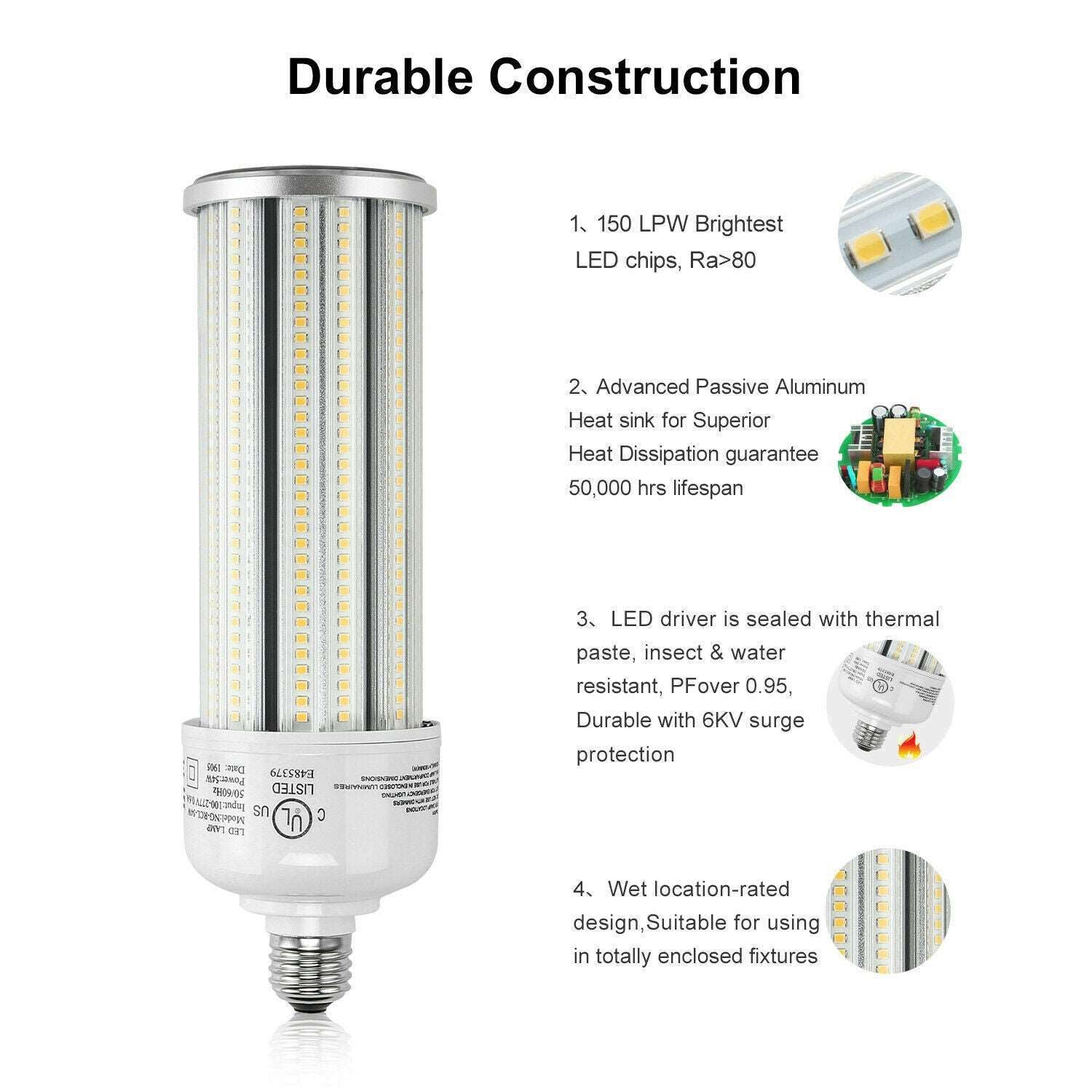 54W LED Corn Light Bulb, E26 Medium Base 7600LM 5000K