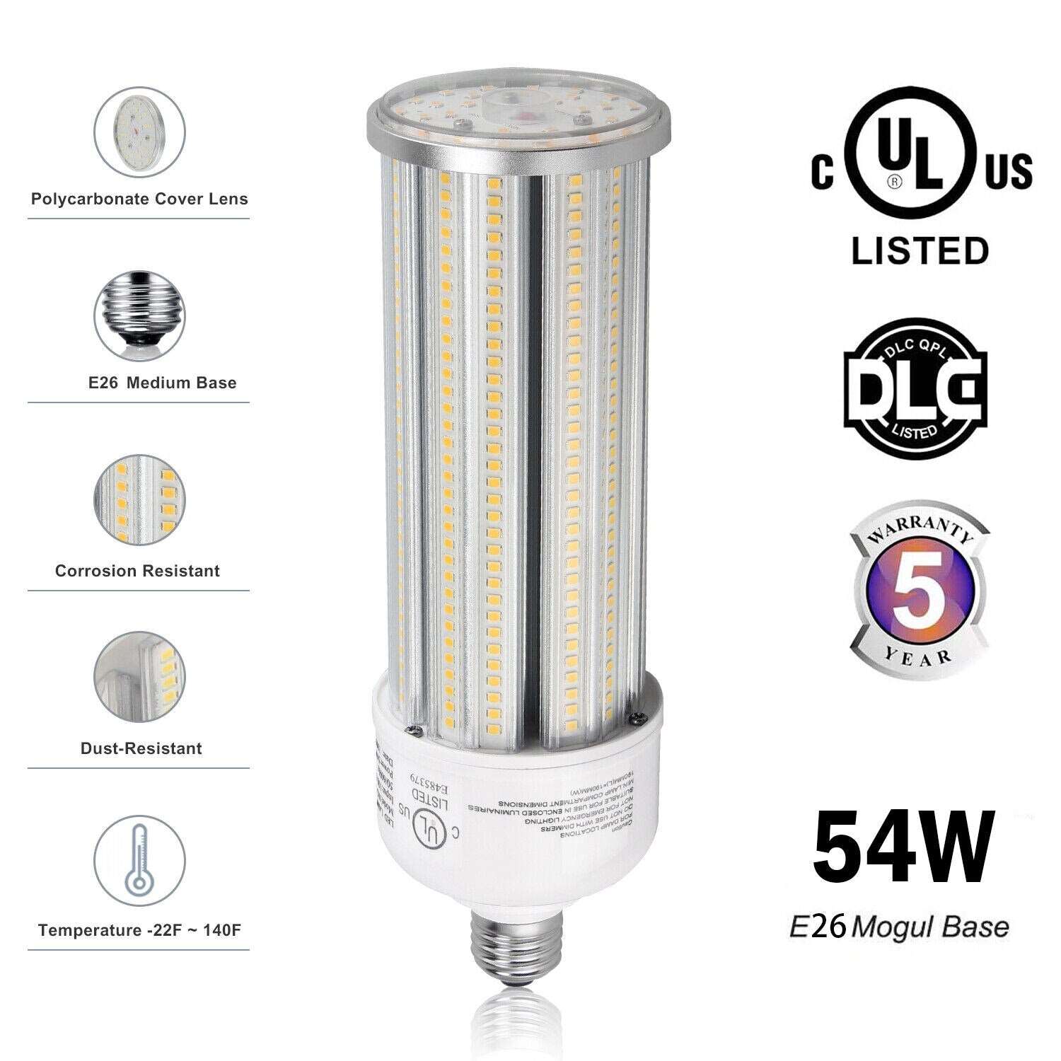 54W LED Corn Light Bulb, E26 Medium Base 7600LM 5000K