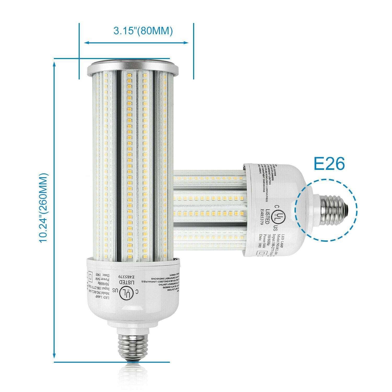 54W LED Corn Light Bulb, E26 Medium Base 7600LM 5000K