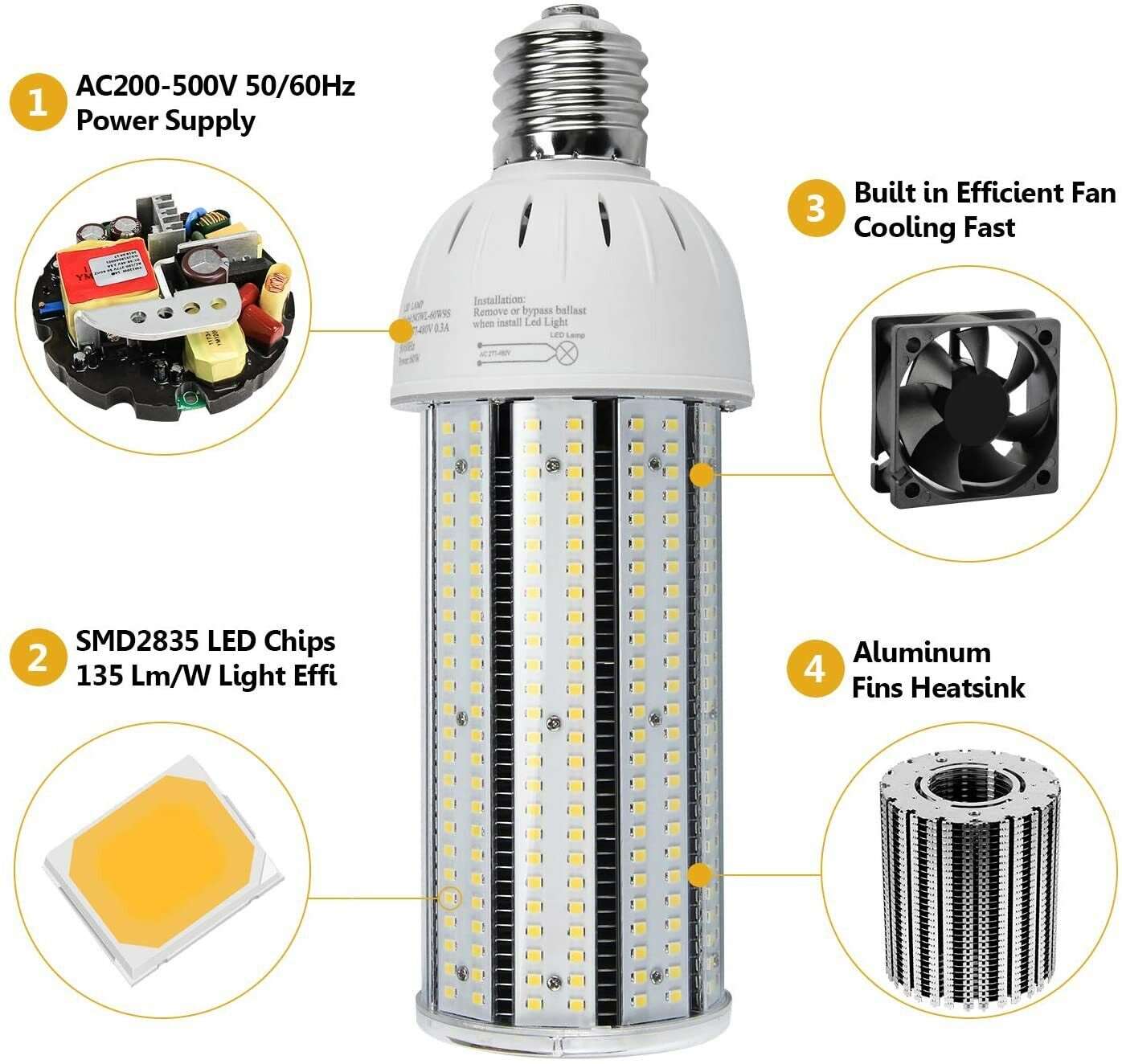 480V LED Corn Cob Light Bulb 60W, E39 Mogul Base Led Bulbs,8100LM 5000K Daylight Lamp, 250W CFL HPS Metal Halide Bulb Equivalent