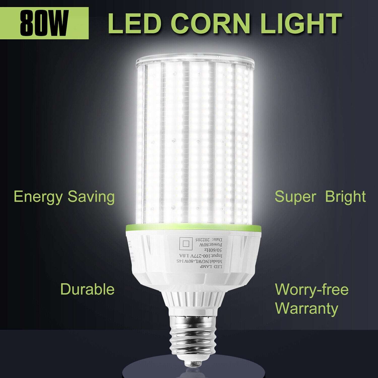 80W LED Corn Cob Light, 5000K Daylight 12000 Lumen, E39 Mogul Base Bulb