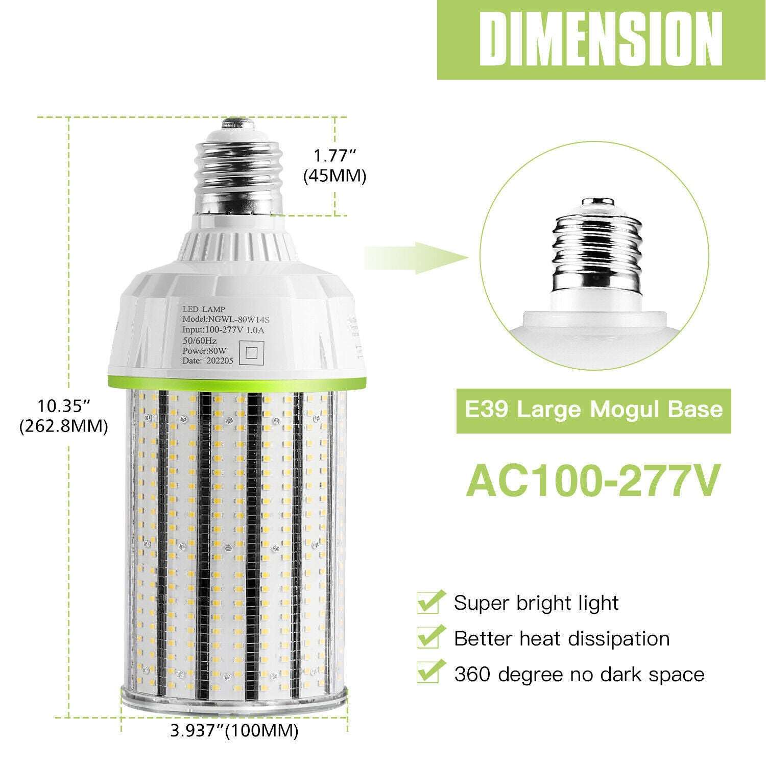 80W LED Corn Cob Light, 5000K Daylight 12000 Lumen, E39 Mogul Base Bulb