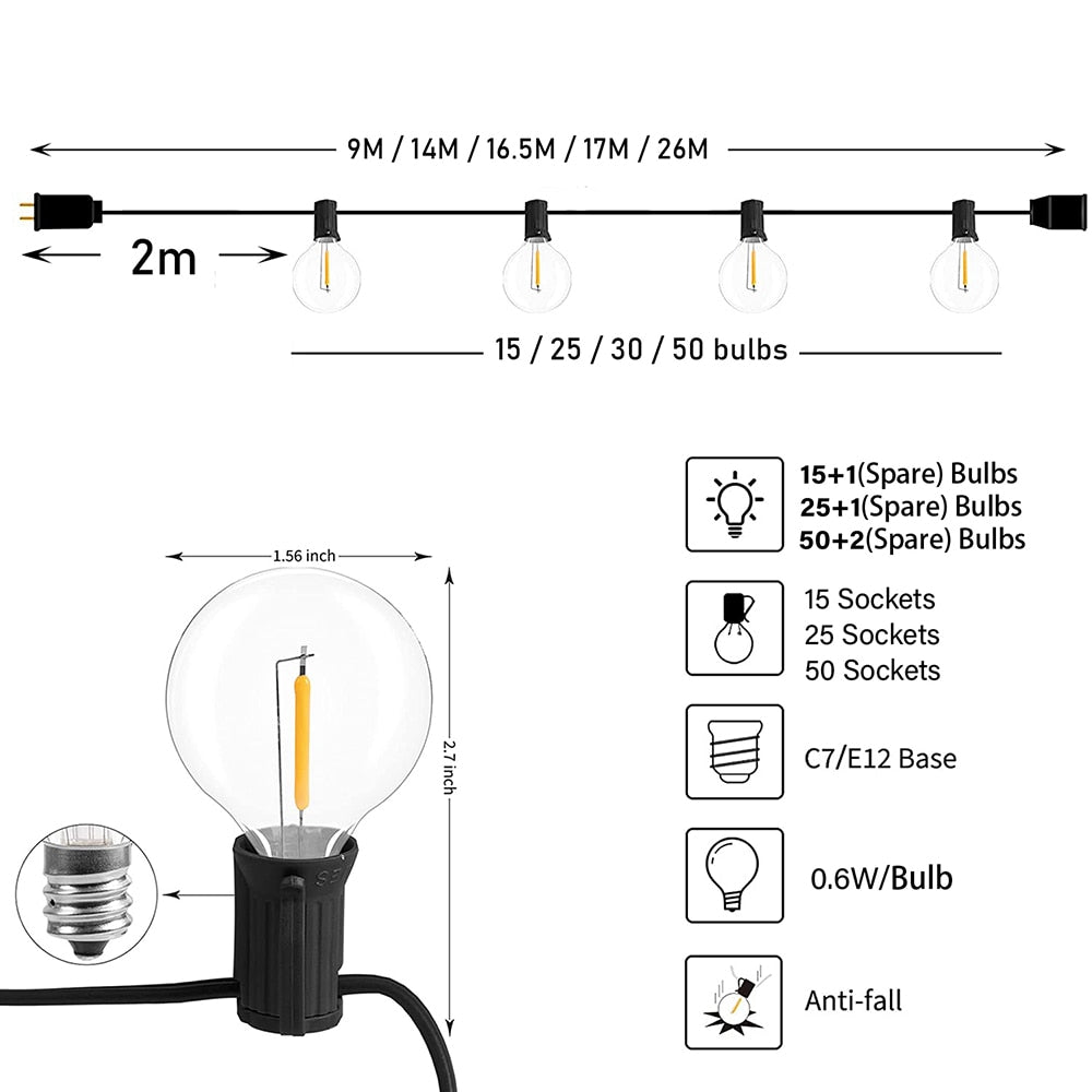 Festoon LED Globe String Light Fairy LED G40 Outdoor For Christmas Party Garden Decorative Garland Lamp Street Patio Backyard - LEDLIGHTING WHOLESALE