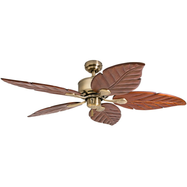 Prominence Home Willow View 52&quot; Aged Brass Tropical Ceiling Fan with 5 Hand Carved Wood Blades, Pull Chain &amp; Reverse Airflow - LEDLIGHTING WHOLESALE