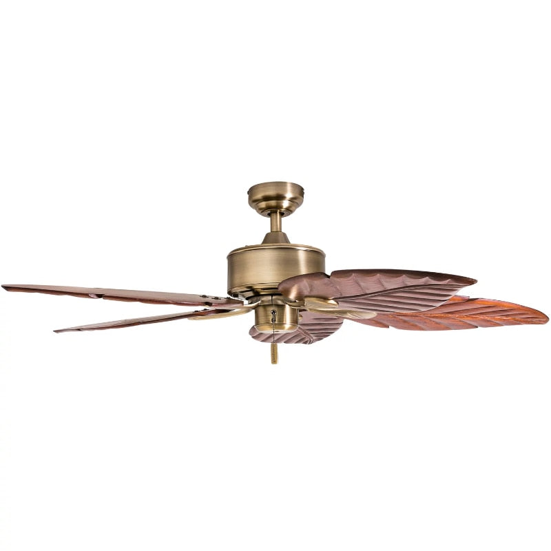 Prominence Home Willow View 52&quot; Aged Brass Tropical Ceiling Fan with 5 Hand Carved Wood Blades, Pull Chain &amp; Reverse Airflow - LEDLIGHTING WHOLESALE