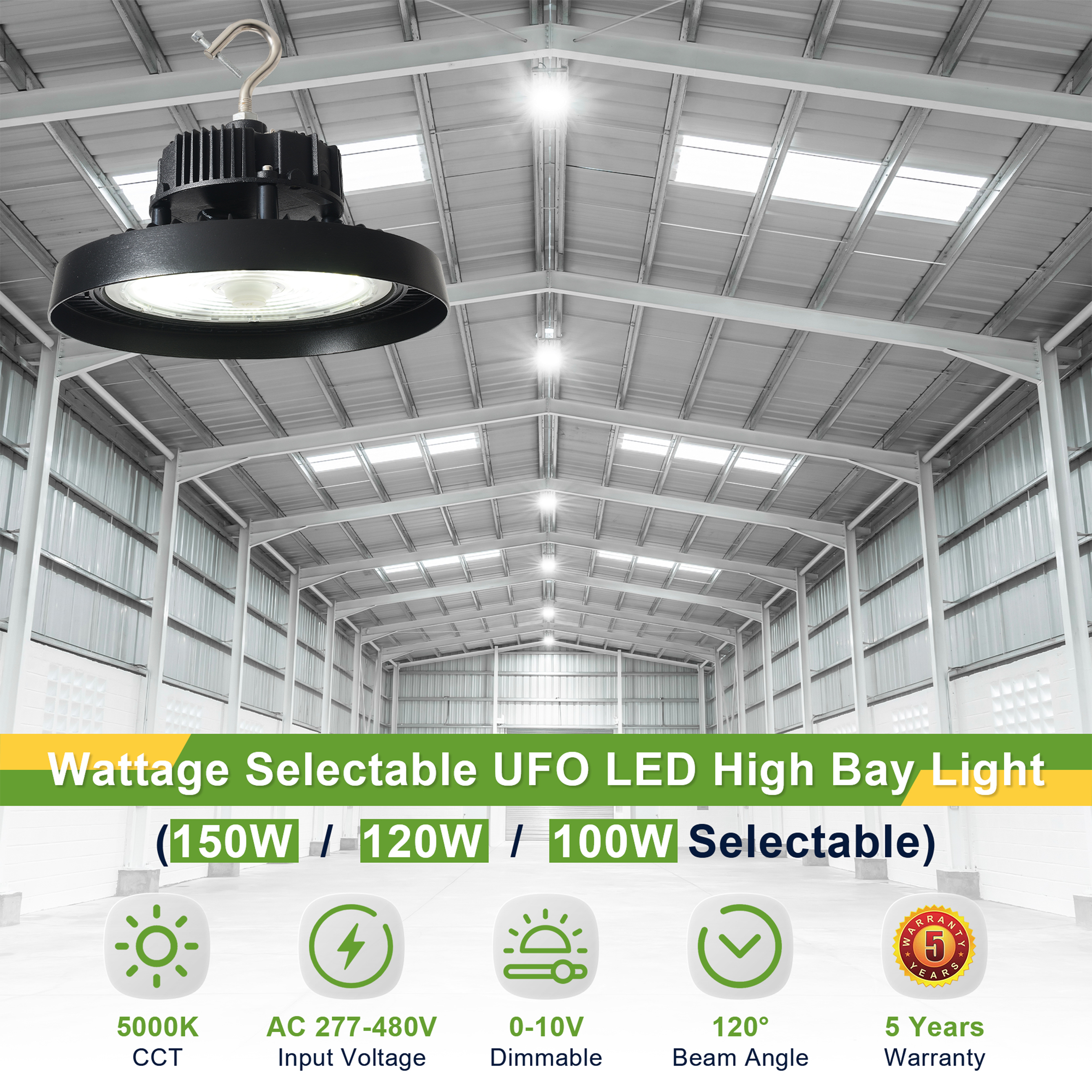 150W/120W/100W TANLITE UFO High Bay LED Fixture-277-480V-Selectable Wattage-CCT 5000K-Up To 21.000 Lumens