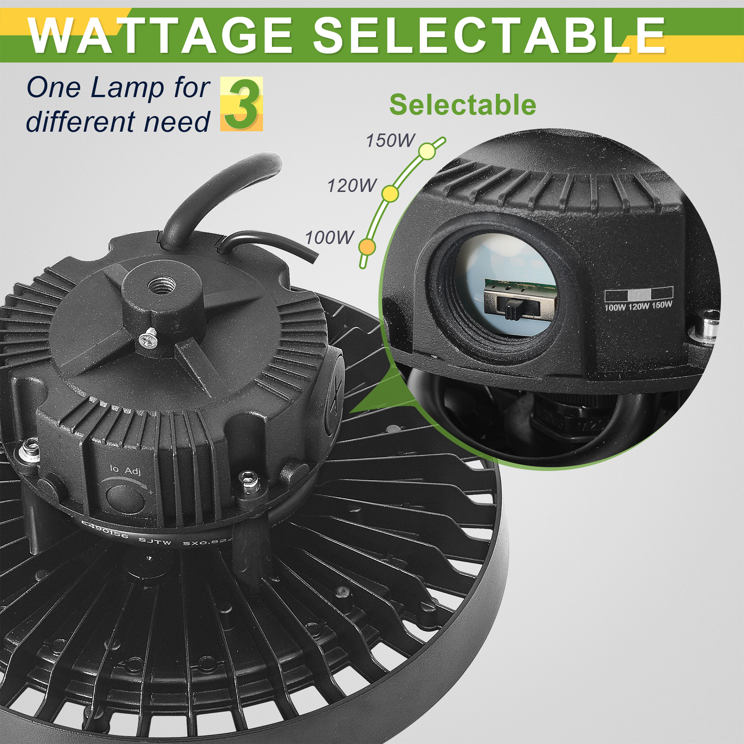 150W/120W/100W TANLITE UFO High Bay LED Fixture-277-480V-Selectable Wattage-CCT 5000K-Up To 21.000 Lumens
